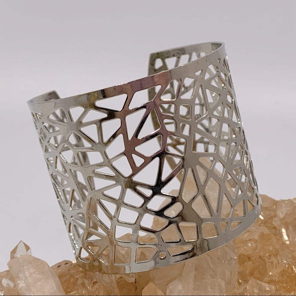 Silver Laser Cut Large Cuff Bracelet Brutalist Statement